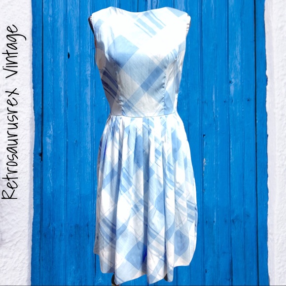 Vintage 1950’s Blue & White Plaid Sleeveless Circle Skirt Dress, Dress de Ville - Picture 2 of 8